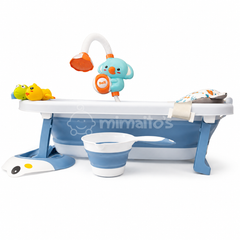Bañera plegable con ducha, cojín elevador, termómetro, juguetes y recipiente.