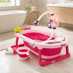 Bañera plegable con ducha, cojín elevador, termómetro, juguetes y recipiente.