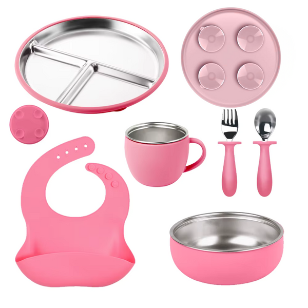 Set Vajilla Silicona y acero inoxidable 6 Piezas sin BPA plato con succión