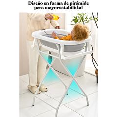 Bañera alta plegable para bebé con cojín, soporte metálico, termómetro y juguetes