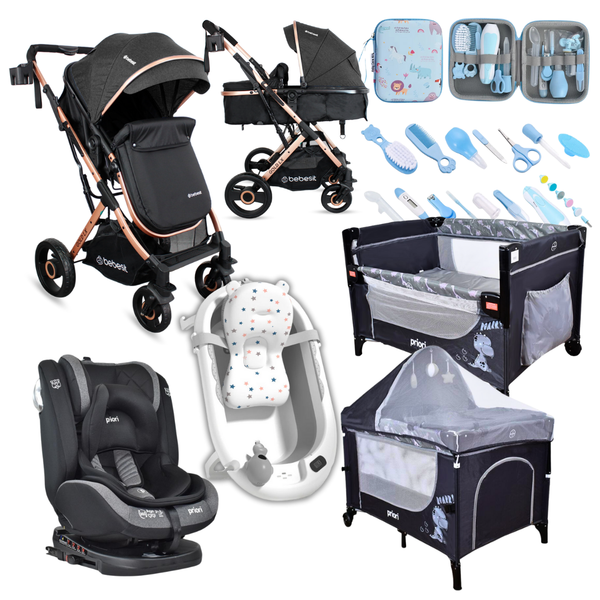 Combo coche 2 en 1 Gold LX+Silla de Carro First+Corral 3 en 1 Priori+Bañera Plegable+Kit Aseo+Protector de lluvia