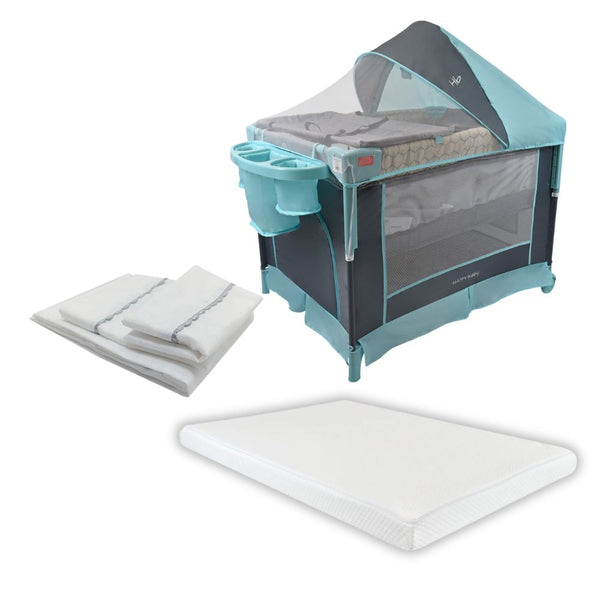 Cuna Corral Colecho 3 en 1 Happy Baby Silver + Colchón + Sábanas