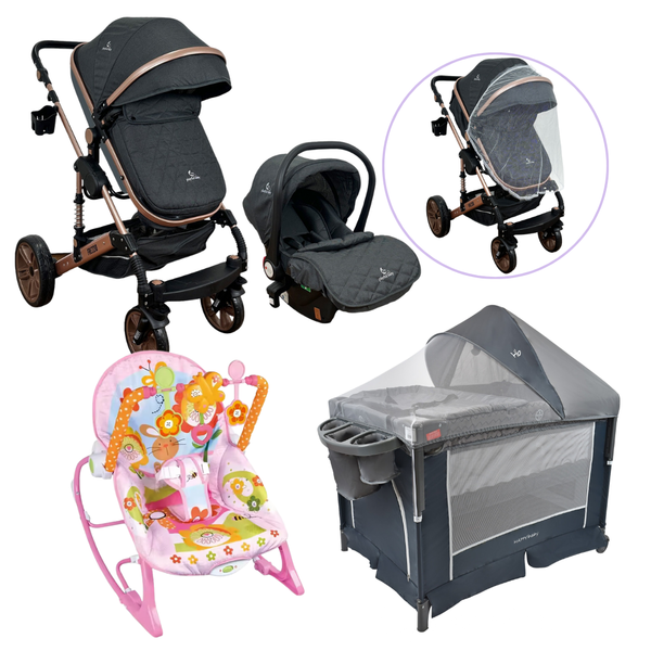 Combo Coche FREZZIO + Cuna Corral SILVER y Mecedora