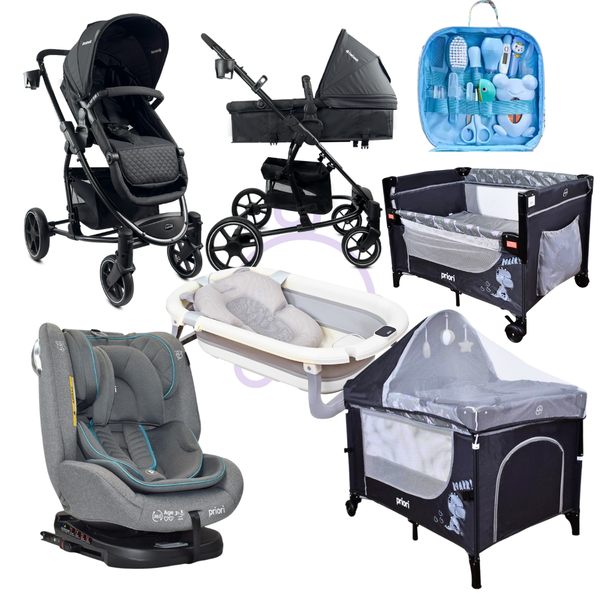 Combo coche 2 en 1 Prima+Silla de Carro First+Corral 3 en 1 Priori+Bañera Lee+Kit Aseo+Protector de lluvia