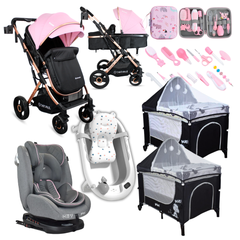Combo coche 2 en 1 Gold LX+Silla de Carro First+Corral 3 en 1 Priori+Bañera Plegable+Kit Aseo+Protector de lluvia