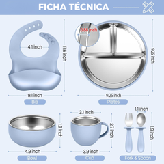 Set Vajilla Silicona y acero inoxidable 6 Piezas sin BPA plato con succión