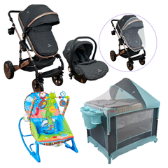 Combo Coche FREZZIO + Cuna Corral SILVER y Mecedora