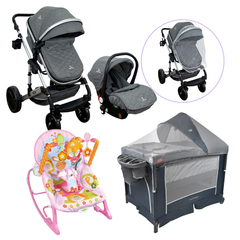 Combo Coche FREZZIO + Cuna Corral SILVER y Mecedora
