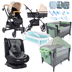 Combo coche 2 en 1 Alfa+Silla de Carro First+Corral 3 en 1 Priori+Bañera+Kit Aseo+Protector de lluvia