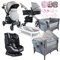 Combo coche 2 en 1 Alfa+Silla de Carro First+Corral 3 en 1 Priori+Bañera+Kit Aseo+Protector de lluvia