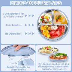 Set Vajilla Silicona y acero inoxidable 6 Piezas sin BPA plato con succión