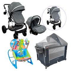 Combo Coche FREZZIO + Cuna Corral SILVER y Mecedora