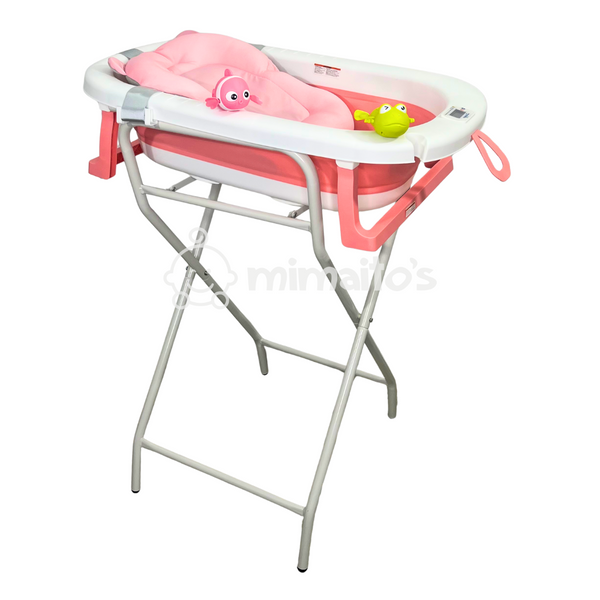 Bañera alta plegable para bebé con cojín, soporte metálico, termómetro y juguetes