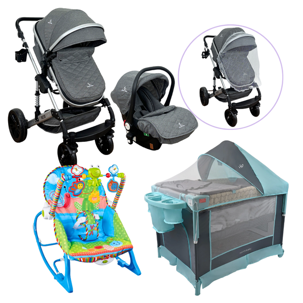 Combo Coche FREZZIO + Cuna Corral SILVER y Mecedora