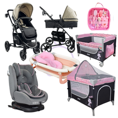 Combo coche 2 en 1 Prima+Silla de Carro First+Corral 3 en 1 Priori+Bañera Lee+Kit Aseo+Protector de lluvia