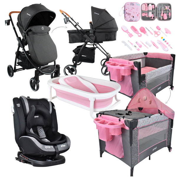 Combo coche 2 en 1 Alfa+Silla de Carro First+Corral 3 en 1 Priori+Bañera+Kit Aseo+Protector de lluvia