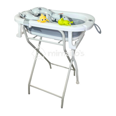 Bañera alta plegable para bebé con cojín, soporte metálico, termómetro y juguetes