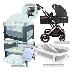 Combo GOLD coche Moisés 2 en 1 Cuna Corral Colecho Colchón Sabana y Bañera