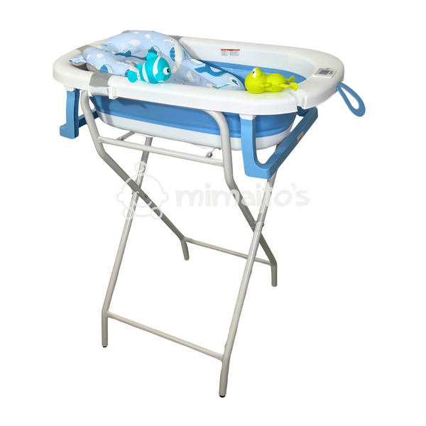 Bañera alta plegable para bebé con cojín, soporte metálico, termómetro y juguetes