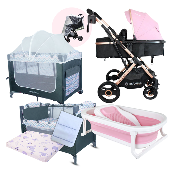 Combo GOLD coche Moisés 2 en 1 Cuna Corral Colecho Colchón Sabana y Bañera