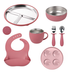 Set Vajilla Silicona y acero inoxidable 6 Piezas sin BPA plato con succión