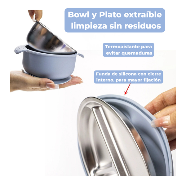 Set Vajilla Silicona y acero inoxidable 6 Piezas sin BPA plato con succión