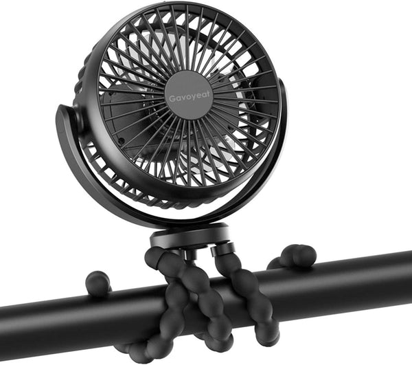 Ventilador portátil rosa con trípode flexible enganchado en un coche de bebé Mimaitos